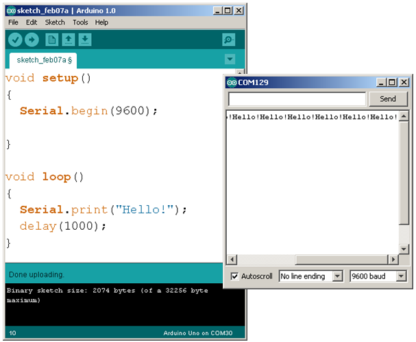 "Hello!" Sketch Printed Repeatedly to Serial Monitor with 1 ms delays