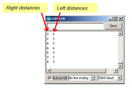 Serial Monitor output tests the distance detection zone of each IR LED/receiver pair