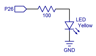 Schematic showing how to connect an LED to Propeller pin P26 if using a board or module not listed in this tutorial.