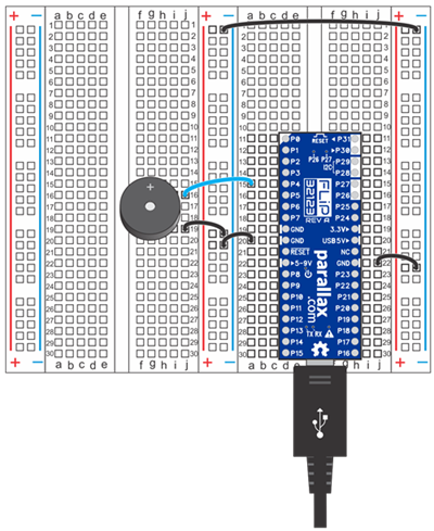 Propeller FLiP on a prototyping breadboard with a piezospeaker circuit.