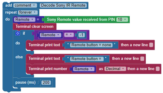 Quick-start BlocklyProp code for the IR Remote.