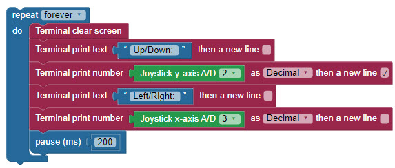 BlocklyProp code to run a simple Terminal program for the 2-Axis Joystick.