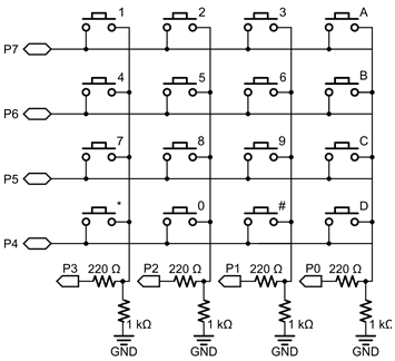 Schematic for wiring the 4x4 Keypad on any Propeller board.