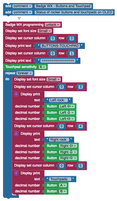 Buttons and Touchpad BlocklyProp code for the Badge WX.